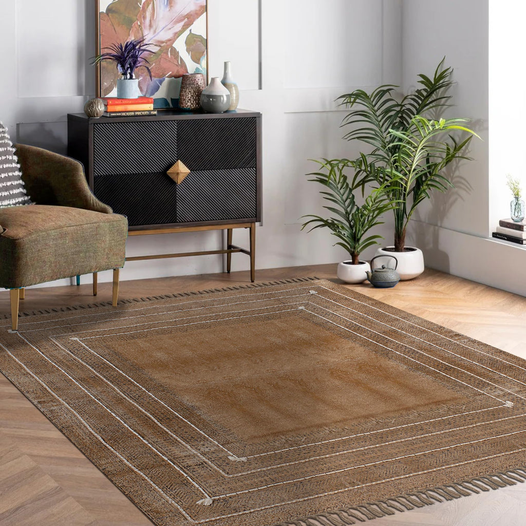Area 5' Square Bronze & Black Cotton Dhurrie Bordered Thick 0.19 inches Stone Easy Washable Hand Wash Cotton Carpet