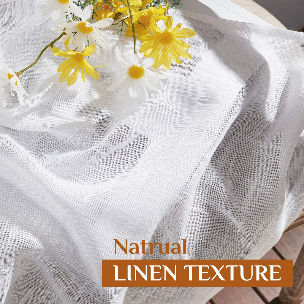 White Linen Sheer Curtains 90" Length, Rod Pocket & Back Tab Window Treatments Semi Sheer Curtain Drapes Privacy with