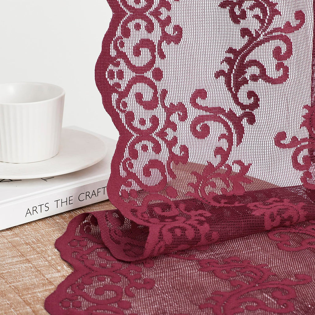 Burgundy Lace Curtains 45 Inch Length 2 Panels Set Wine Victorian Lace Curtains Cafe Rod Pocket Light Filtering