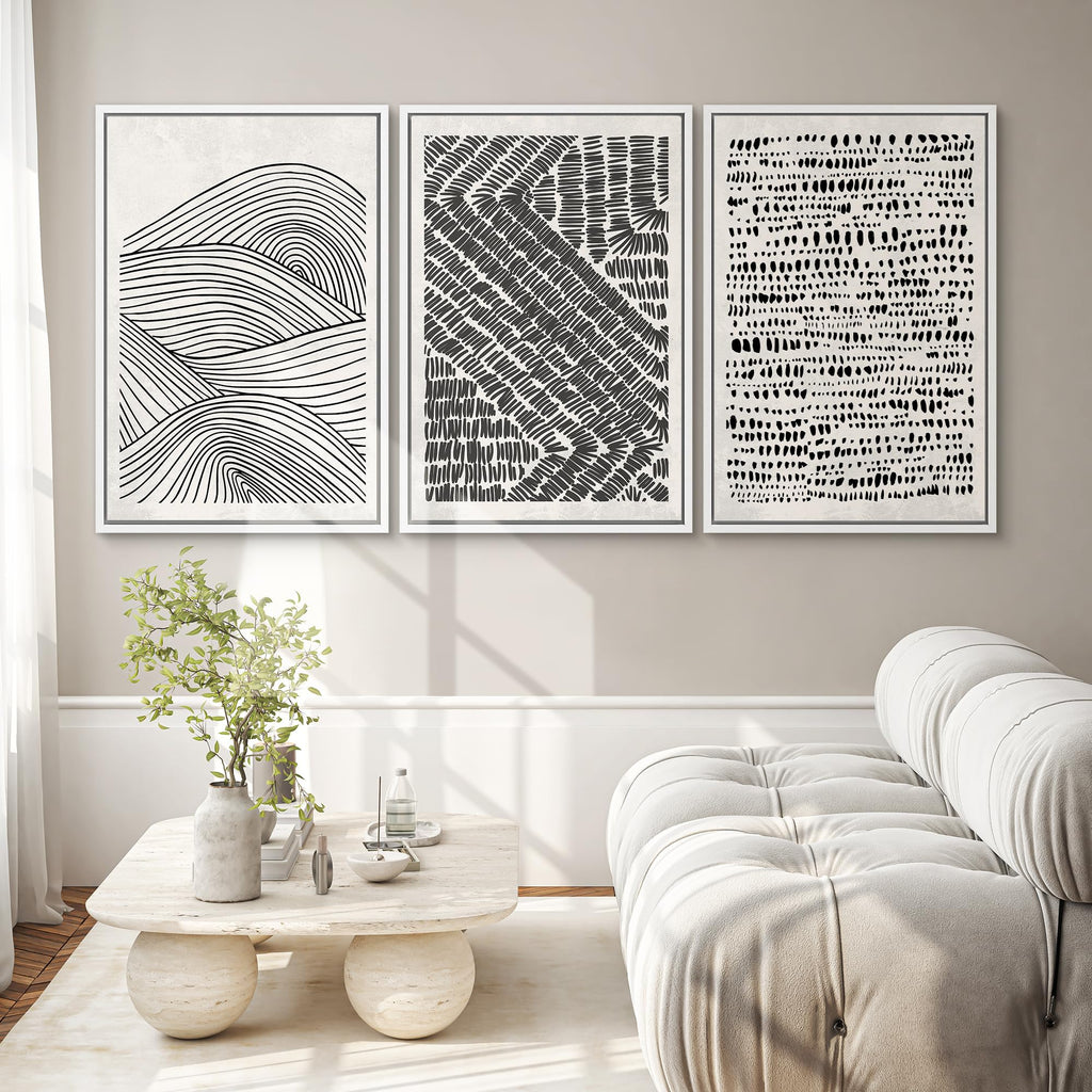 Framed Canvas Print Wall Art Set Black Pastel Geometric Landscape Abstract Shapes Cozy Neutral Modern Art Decorative