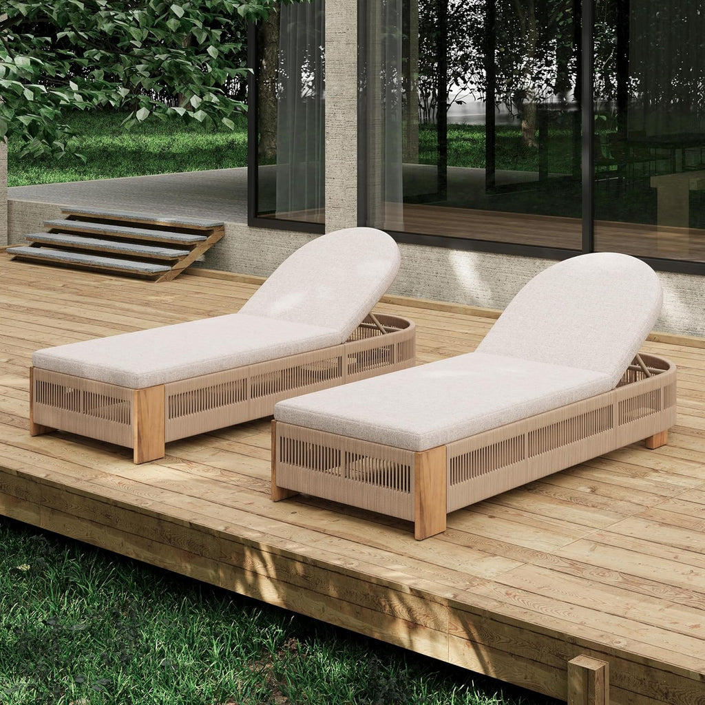 2-Piece Outdoor Chaise Lounge Chair with Adjustable Backrest & Waterproof Cushion - Acacia Wood Pool Sun Lounger
