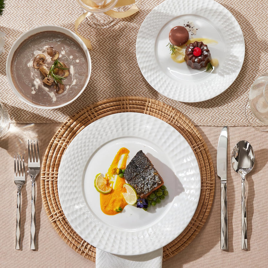 24Pc Rhombus Edge White Bone China Set, Service for 8