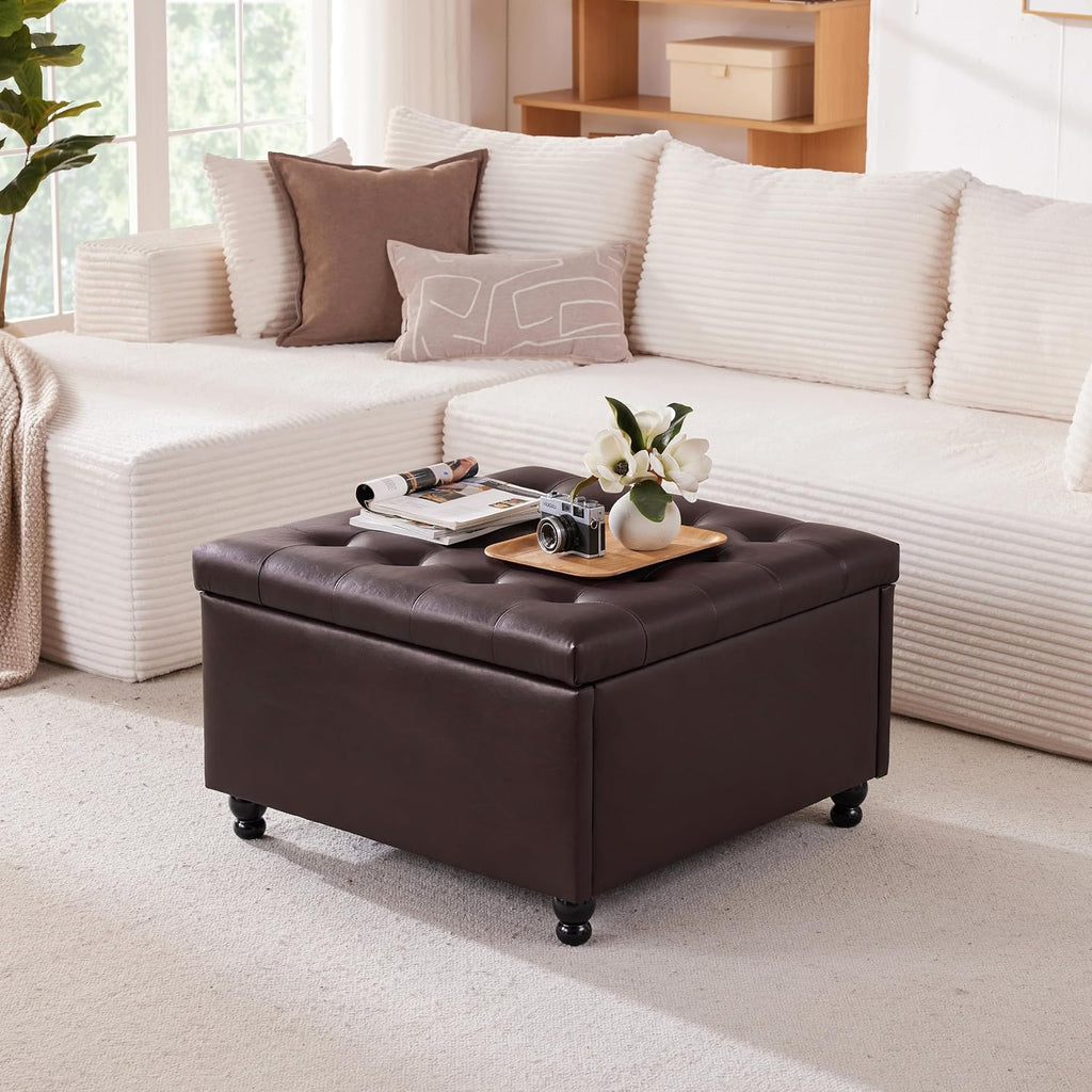 30" Large Square Ottoman with Storage, Leather Ottoman Coffee Table, Brown | Tufted Upholstered Ottoman , Oversized