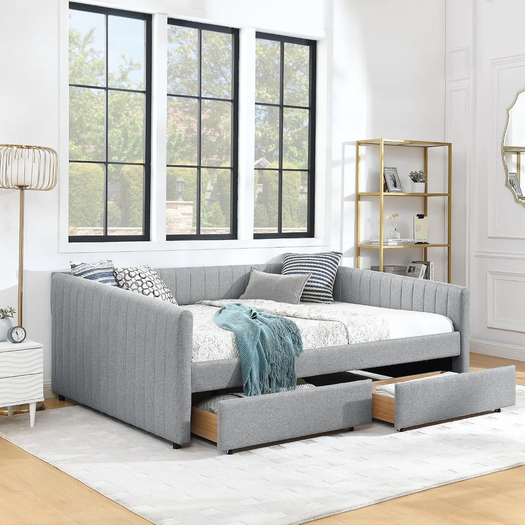 Daybed with Storage Drawers, Modern Upholstered Linen Queen Size Day Bed Frame with Stripes, Tufted Corner Sofa Bed