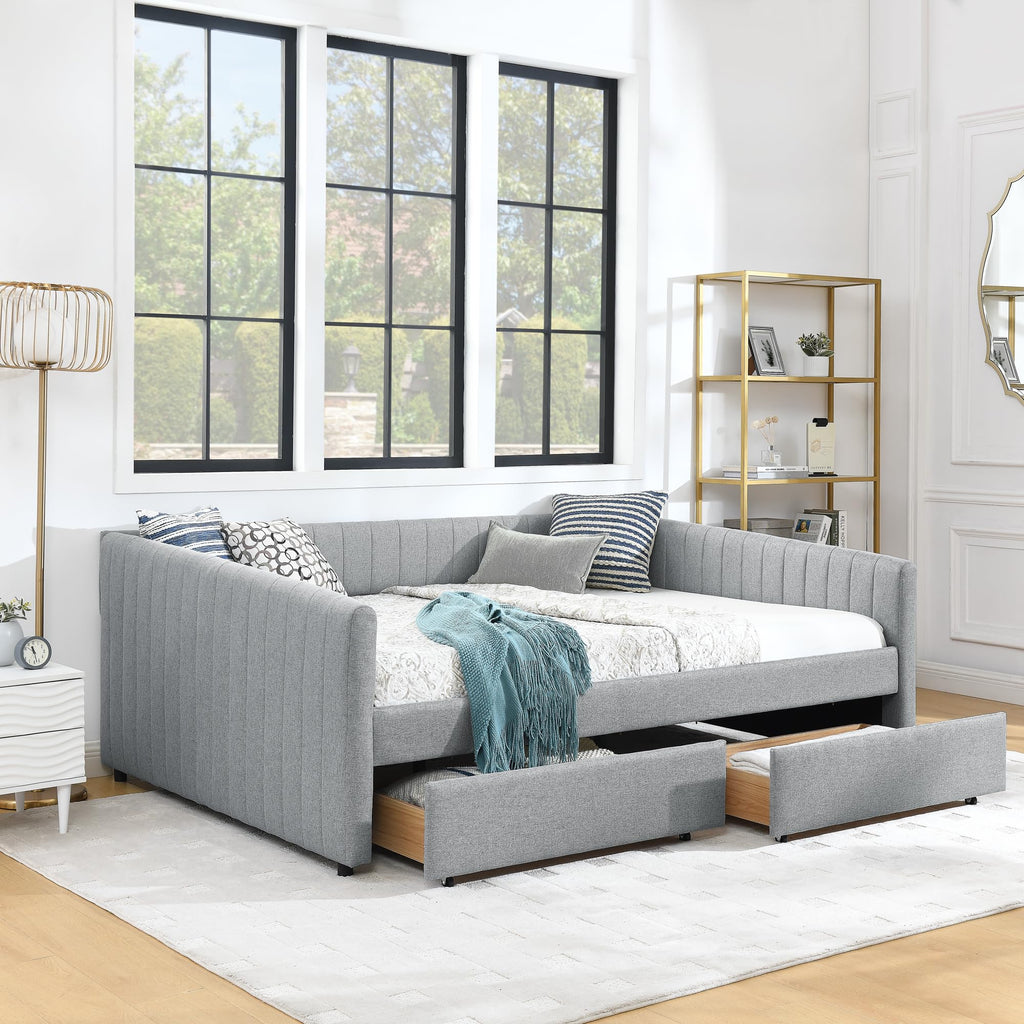 Queen Size Linen Upholstery Daybed with 2 Drawers, Modern Tufted Corner Sofa Bed Frame with Solid Wooden Slats, Easy