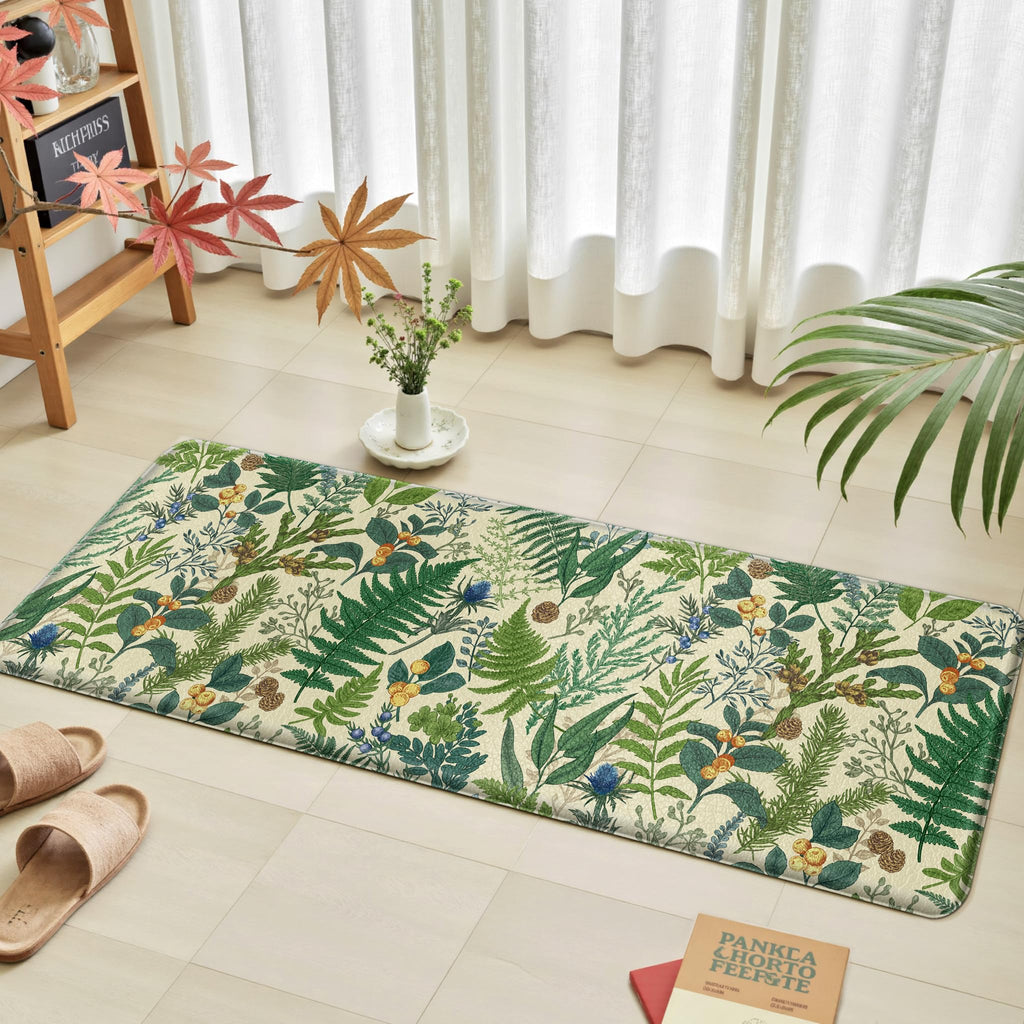 2PC Botanical Kitchen Rugs Set, Beige Green, 17.3"x28" + 17.3"x47"