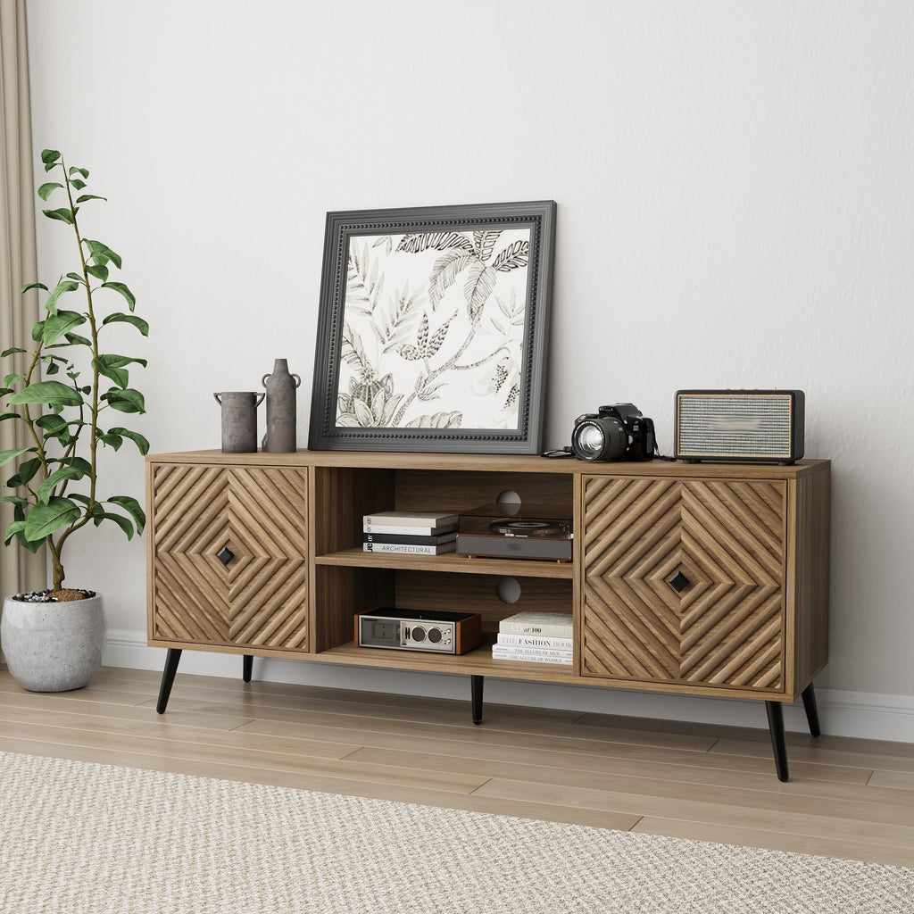 Walnut TV Stand with Fluted Diamond Doors, 55.12" Mid Century Modern TV Media Console for TVs up to 65", TV Cabinet