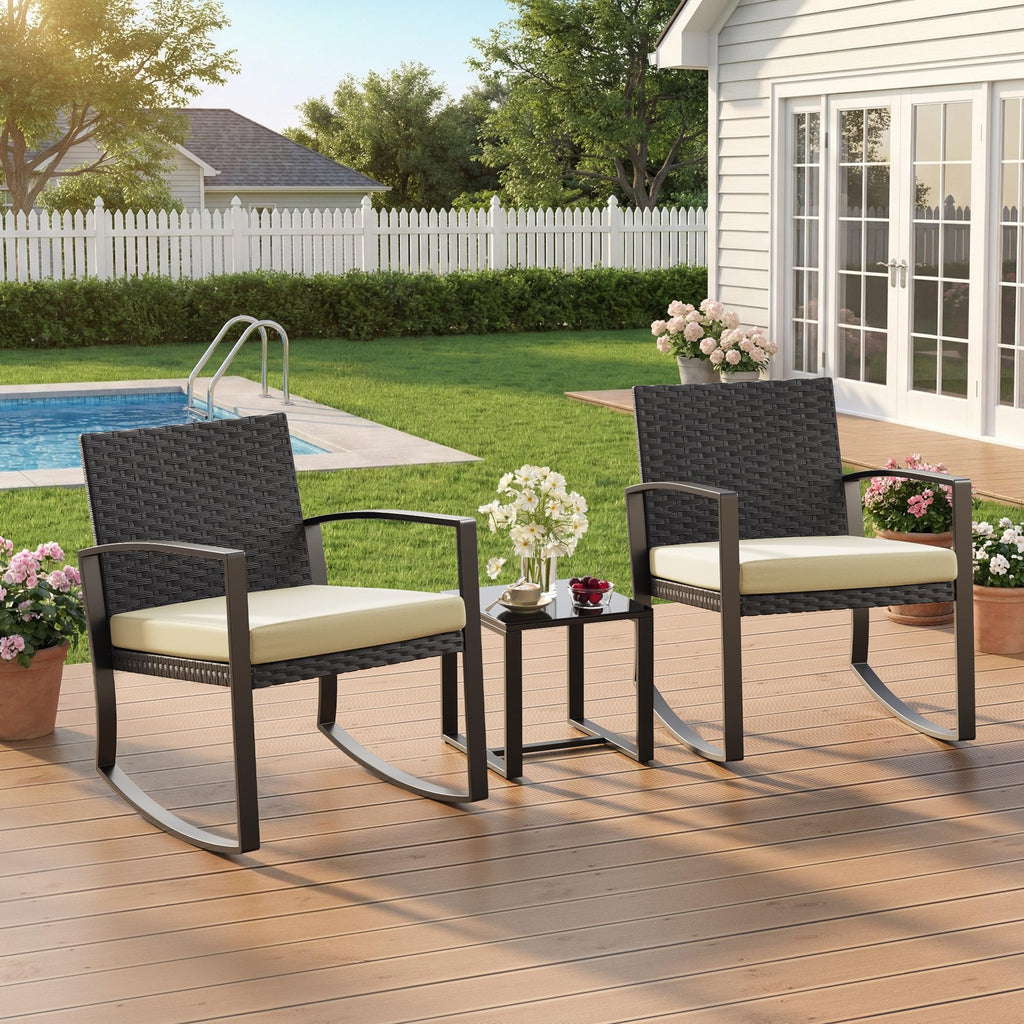 3 Pieces Porch Furniture Set Patio Rocking Bistro Set Outdoor Patio Chairs Rattan Conversation Sets with Coffee Table