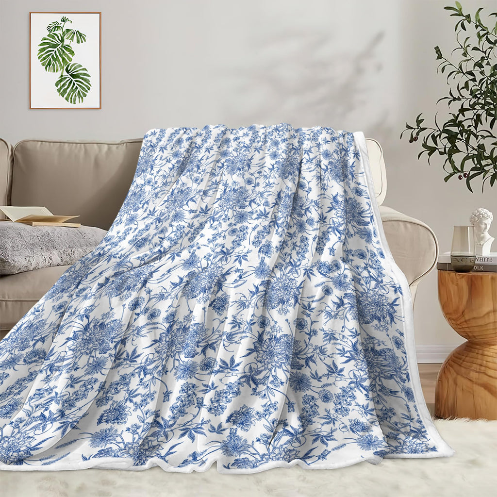 Floral Blanket Blue Floral Throw Blanket, Botanical Flowers Blankets, Soft, Flannel, Warm, Boho Flowers Bed Blankets