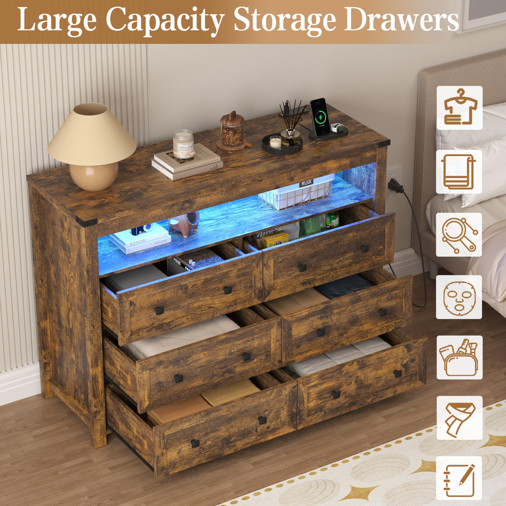 Brown Dresser 6 Drawer Dressers with LED Lights, Charging Station, Wood Chest of Drawers with Metal Handles, Modern