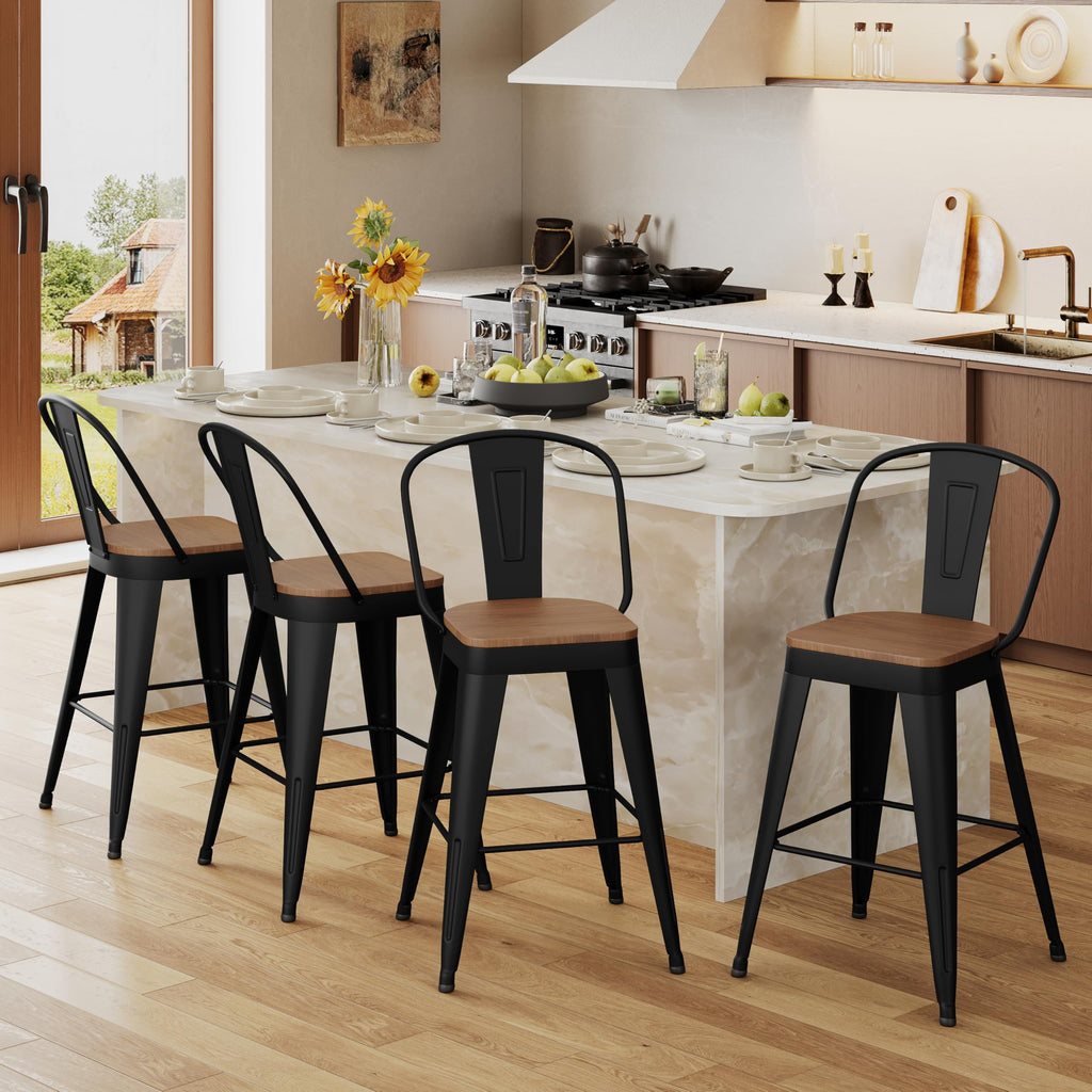 Metal Bar Stools Set of 2, 24" Counter Height with Backs, Black
