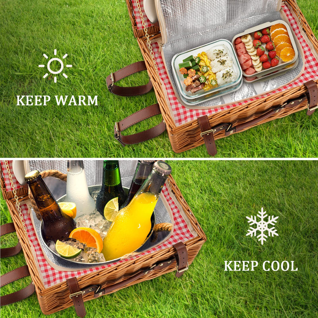 Red Plaid Wicker Picnic Basket for 4 with Waterproof Blanket