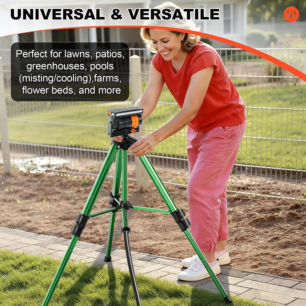 Oscillating Sprinkler Head on Telescoping Tripod Base with 2 Sprinkler Extensions, Heavy Duty Lawn Sprinklers, 360°