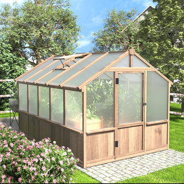 8x10FT Greenhouses for Outdoors, Walk-in Wooden Greenhouse with Cedar Frame & Adjustable Vent, Garden Green House