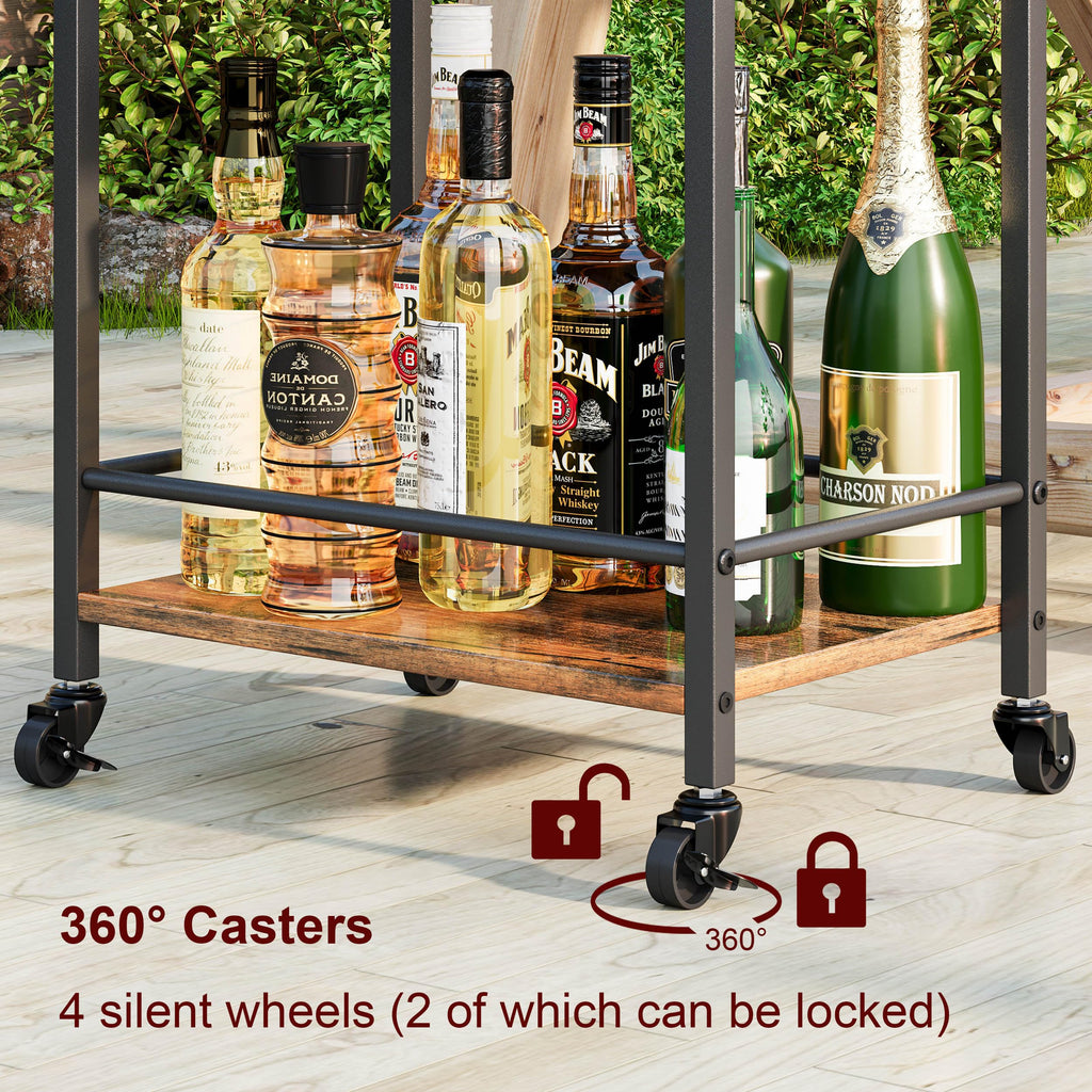 3 Tier Rolling Bar Cart with Wheels, Wine Cart with Removable Tray, Rustic Bar Carts Small, Drink Cart for Small