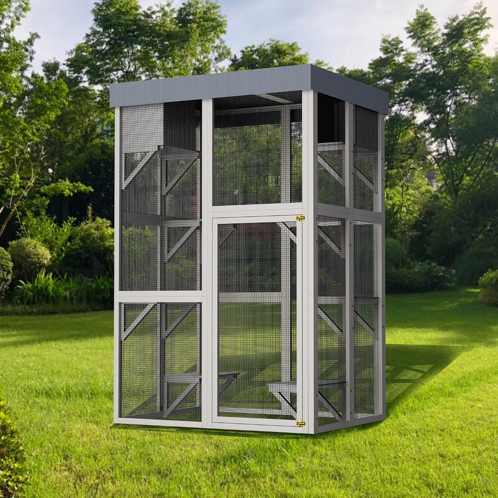 62.6" Outdoor Wooden Cat House Large Catio, Solid Wood Cat Cage Shelter Enclosure Playpen with Anti-UV& Waterproof, 5