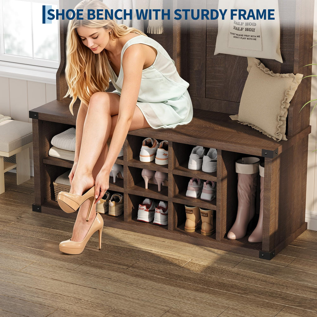 51.2" Hall Tree with Bench and Shoe Storage, Rustic Brown