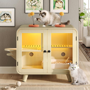 Cat Hidden Litter Box Enclosure with RGB LED Light, TV-Style Cat Litter Box Furniture Cabinet with Glass Doors, Side
