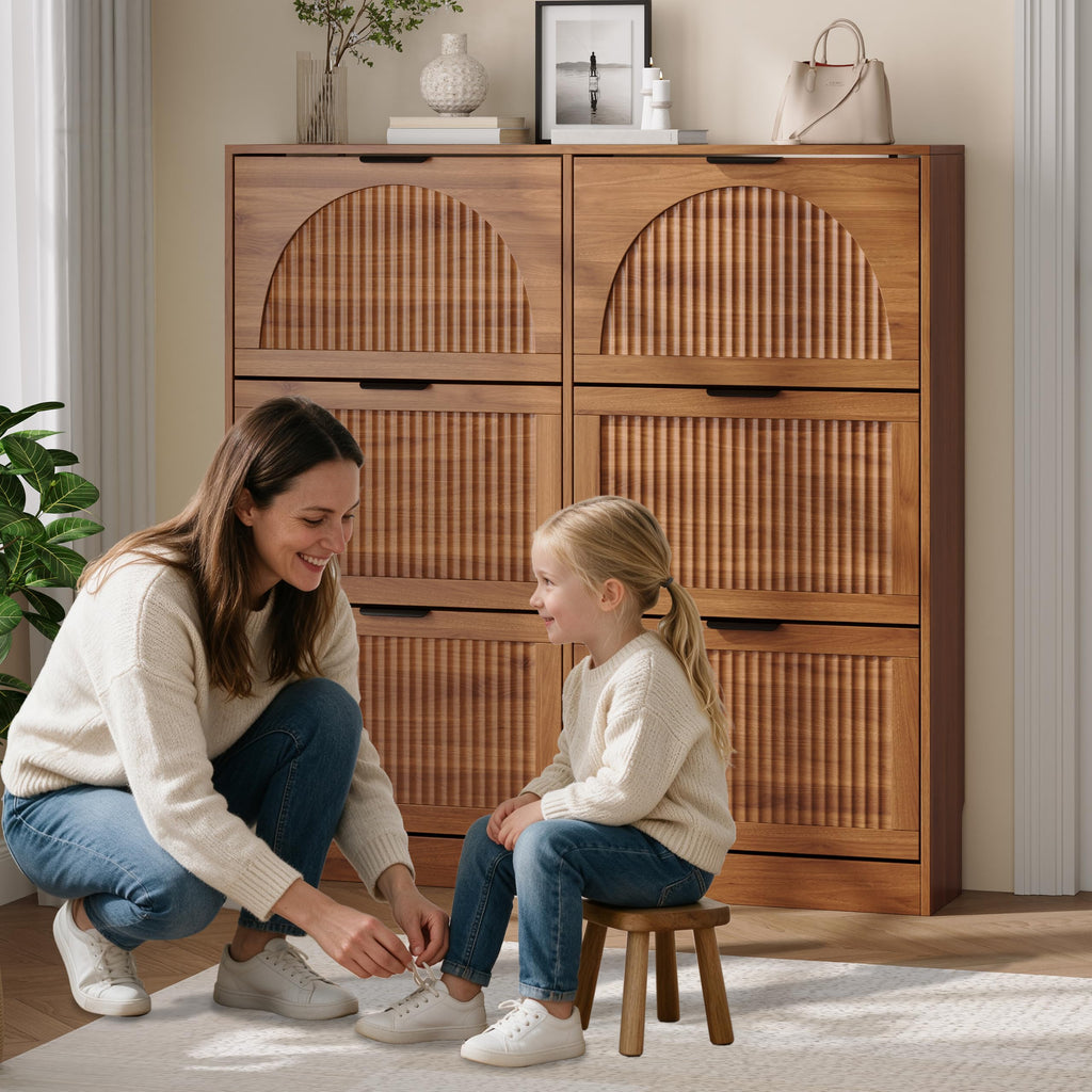 Fluted Shoe Storage Cabinet, 6 Flip Drawers, Walnut
