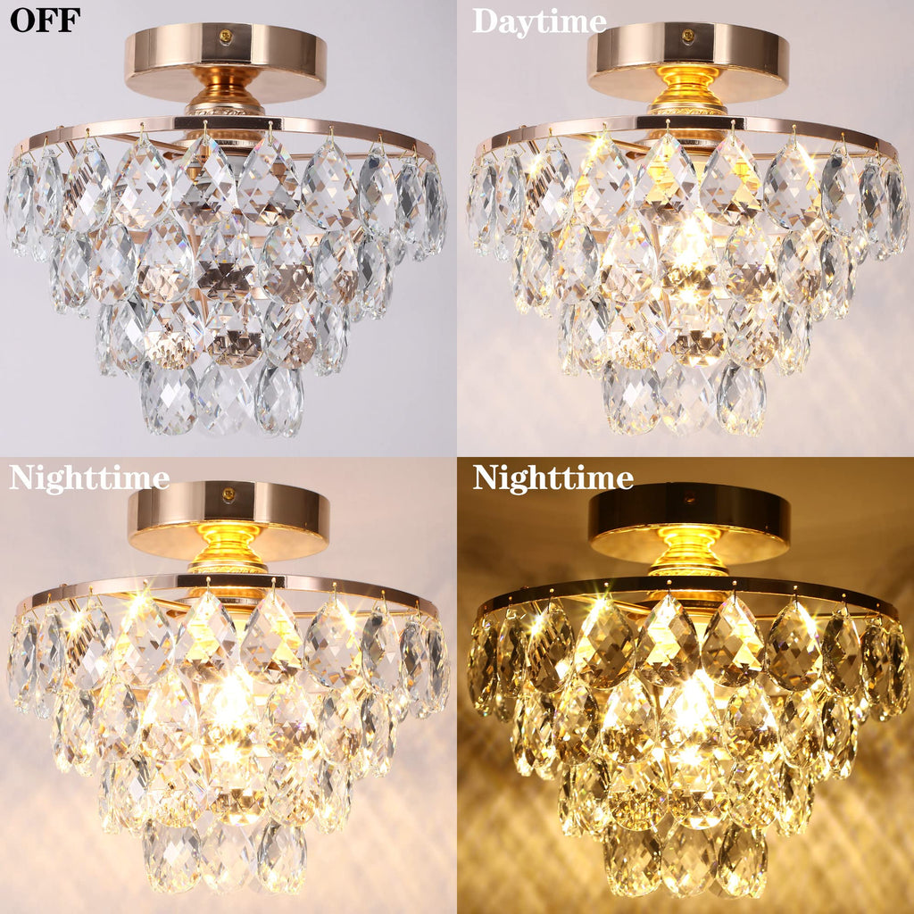 Gold Crystal Chandelier Small, Mini Ceiling Light Modern Flush Mount Crystal Chandelier Hallway Overhead Light