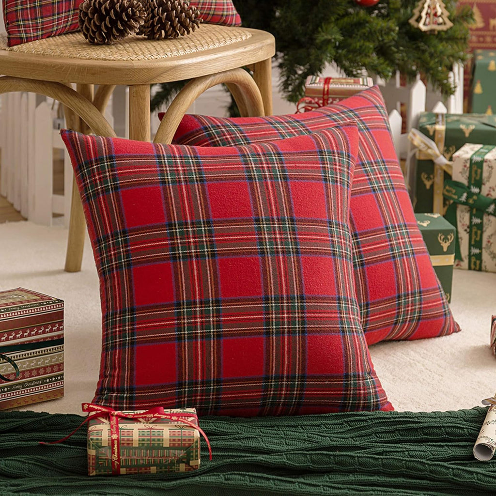 Christmas Plaid Decorative Throw Pillow Covers Red 20x20 Inches - Set of 2