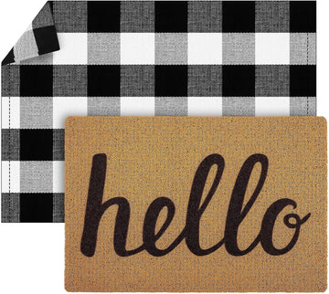 2 Pcs 24'' x 35.5'' Buffalo Plaid Checkered Rug with 18'' x 30'' Hello Doormat, Rubber Non Slip Front Door Mat