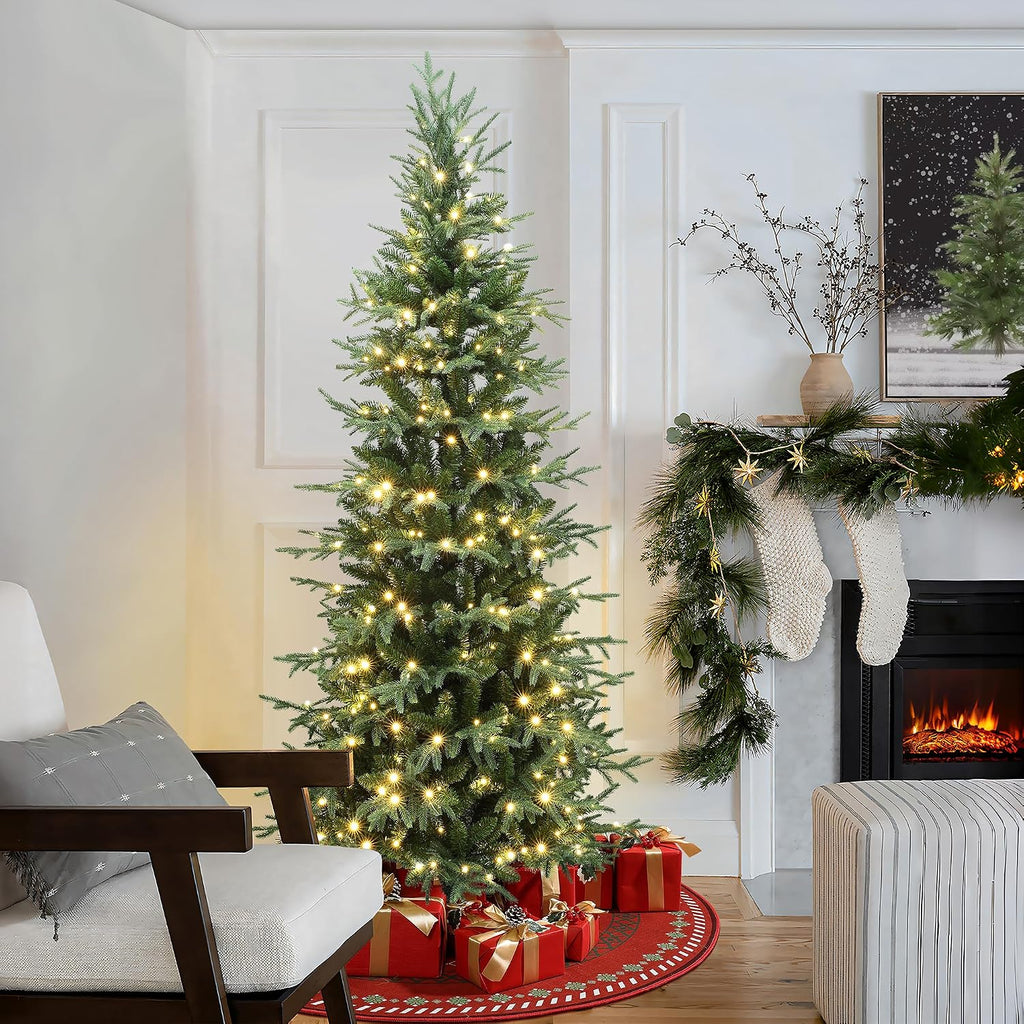 LuxenHome Prelit Slim Christmas Tree, Skinny Christmas Tree