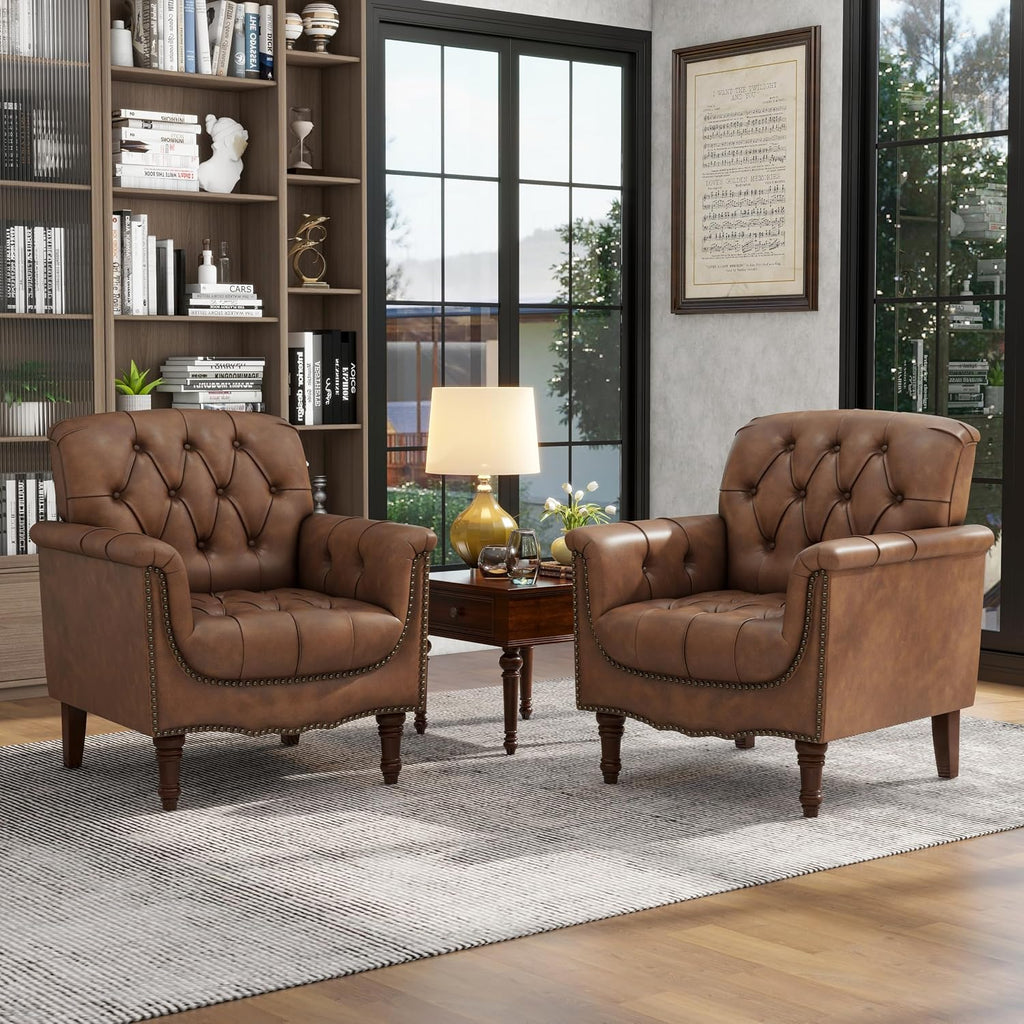 Faux Leather Armchairs, Upholstered Accent Chair, Brown - Set of 2
