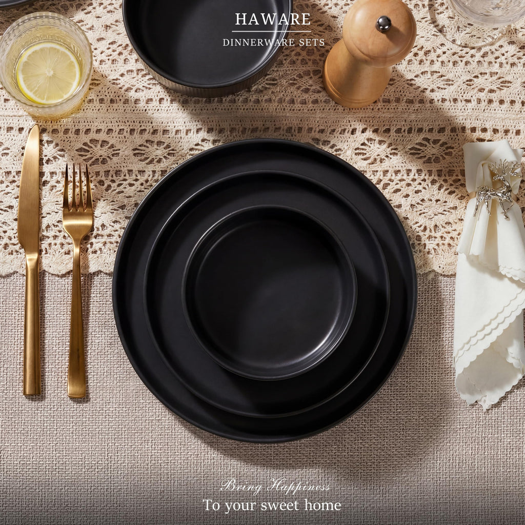 Dinnerware Sets, Plates and Bowls Set for 2, Matte Shadow Black
