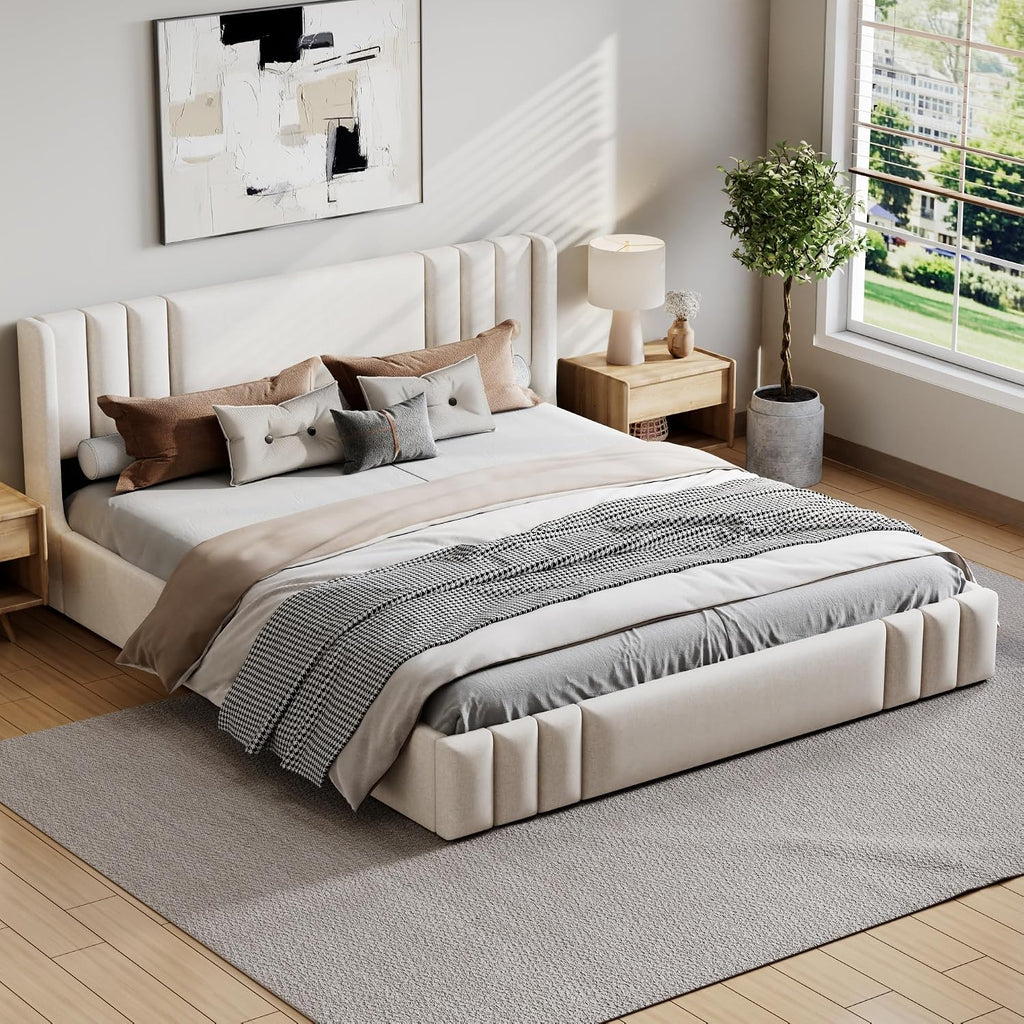 Floor Upholstered Bed Frame with Wingback Headboard