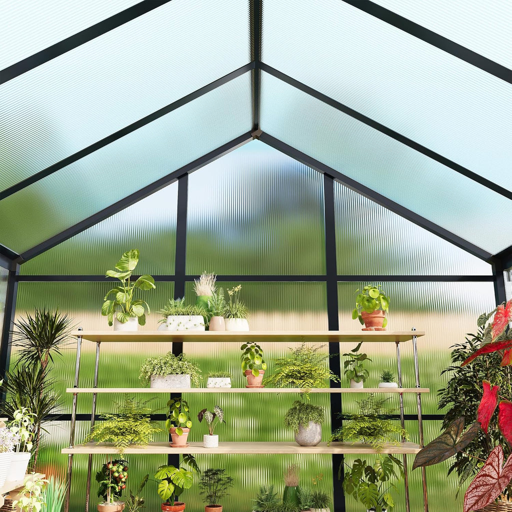 8x10ft Walk-in Greenhouse, Heavy Duty Large Outdoor Green House | Polycarbonate Garden Greenhouse with Roof Vent