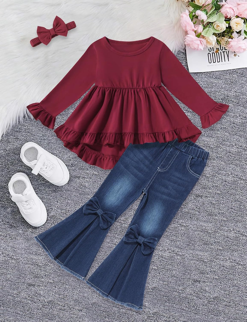 Todder Kids Girls Clothes Solid Color Ruffles Top Bow Flared Jeans 2PCS Fall Girls Clothing Set