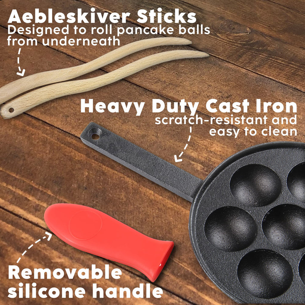 Cast Iron Aebleskiver Pan - Ideal for Mini Pancake Mold, Cake Pop Pan, and Takoyaki Maker - Danish Stuffed (Red)