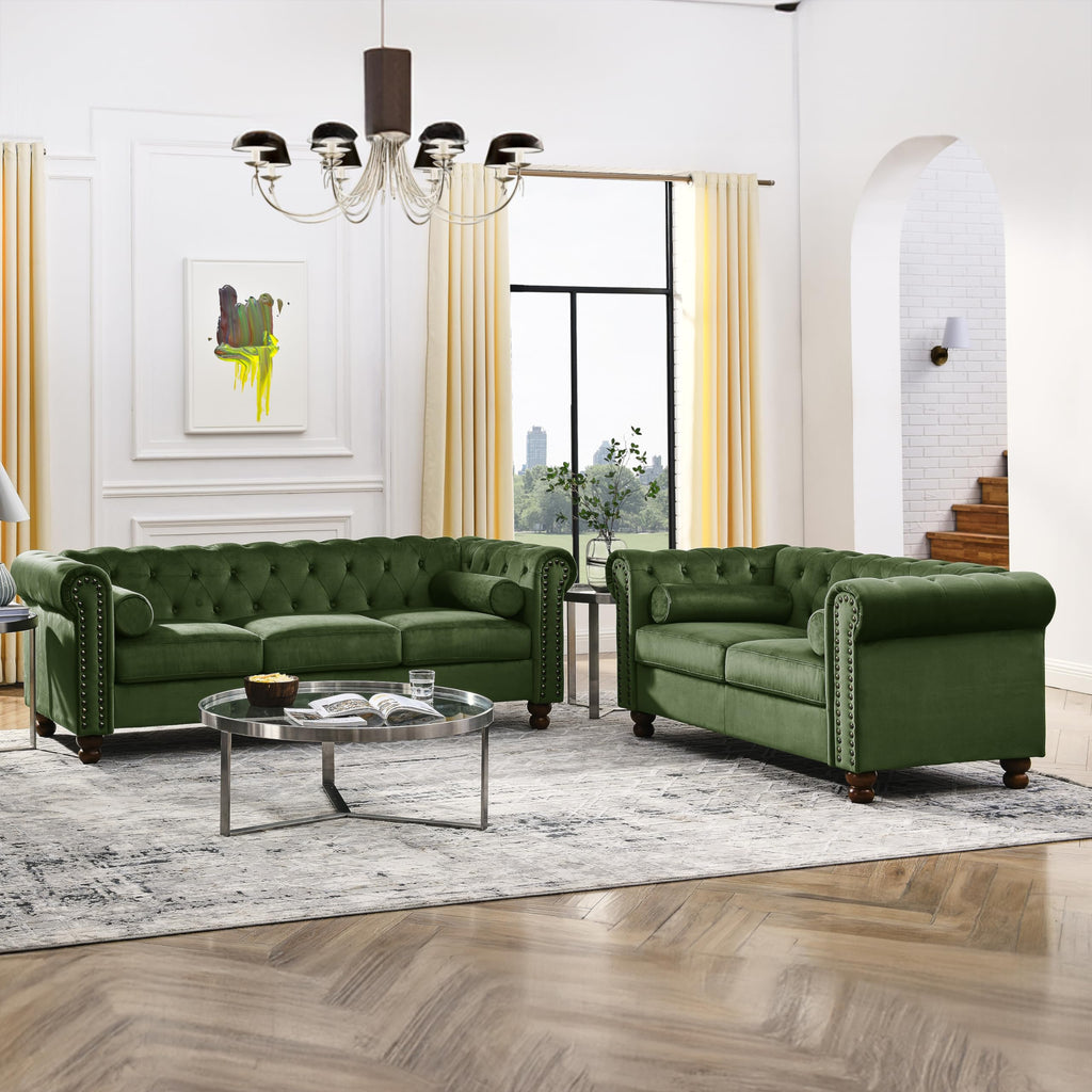 80.3" Green Velvet Chesterfield Sofa with Nailhead Trim, 3-Seater Couch