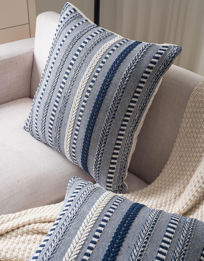 Boho Throw Pillow Covers 18x18 Inch Set of 2, Farmhouse Decorative Couch Pillow Cases, Navy Blue Accent Pillows of