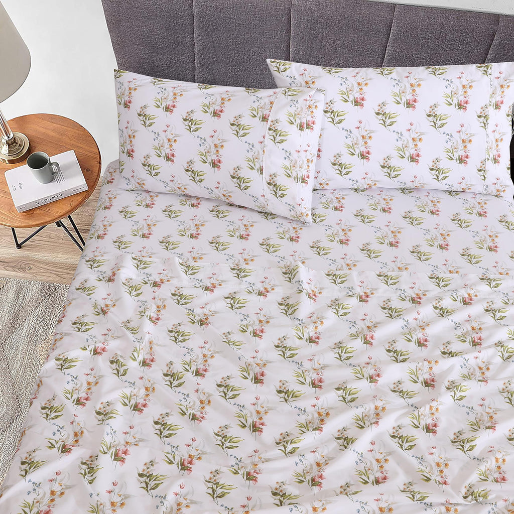 100% Cotton Split King Sheets, Percale Sheet Set, Floral Bliss