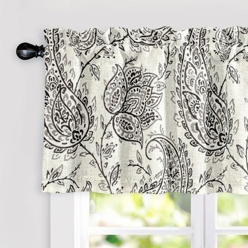 Jacob Linen Blend Blackout Valance 18 Inch Length Scroll Floral Paisley Printed Lined Rod Pocket Room Darkening Linen