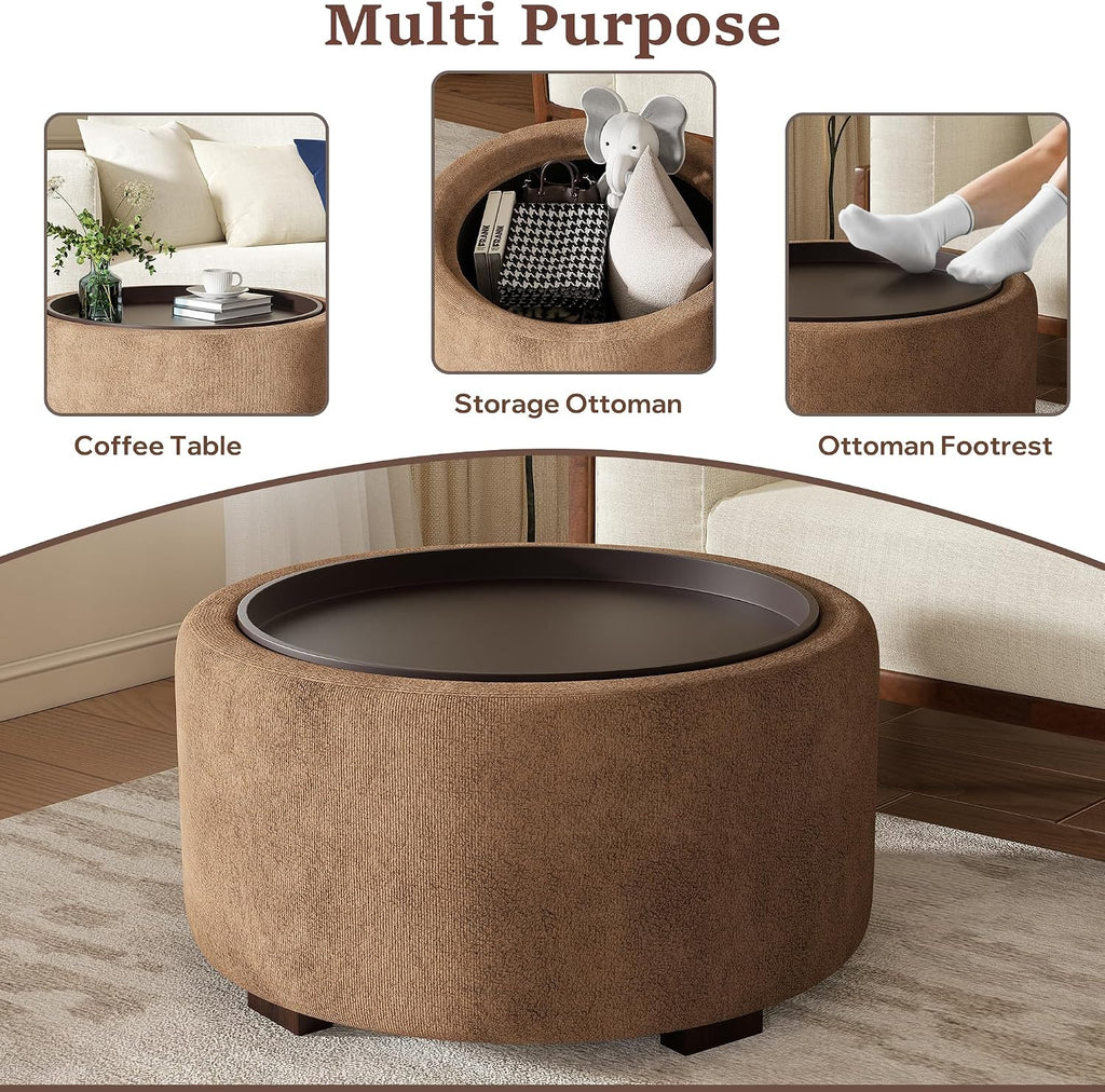 30" Round Ottoman with Storage Circular Coffee Table with Removable Wood Top and Solid Wood Legs Modern Upholstered