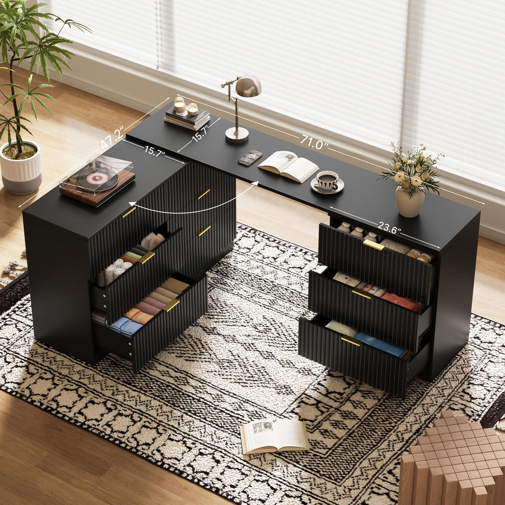 L-Shaped Rotatable 9 Drawer, 71" Wide Deformable Black with Gold Metal Handles, Modern Fluted Chest of Drawers