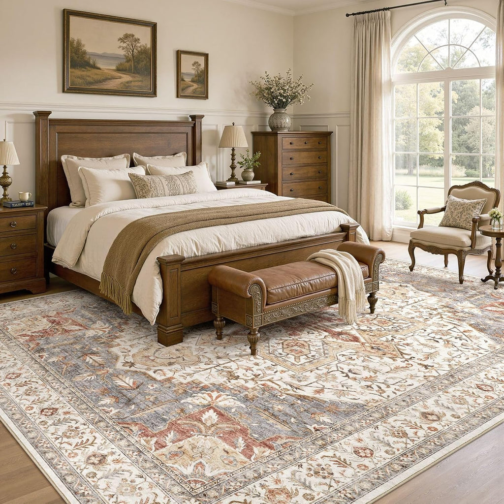 Area Rug Living Room Rugs - 10x14 Washable Boho Rug Vintage Oriental Distressed Farmhouse Large Thin Indoor Carpet