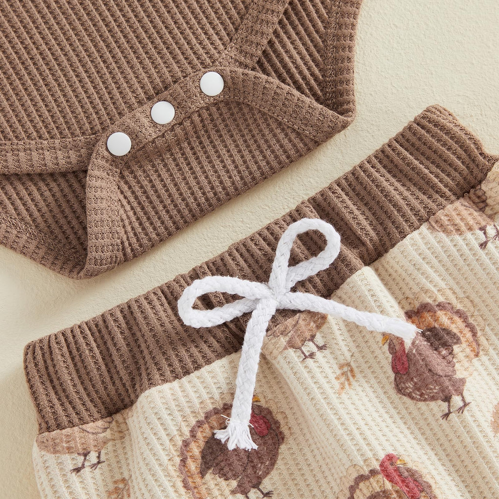 My 1st Thanksgiving Baby Boy Outfit Newborn Embroidered Waffle Long Sleeve Romper Turkey Pants Hat Set 3Pcs Clothes