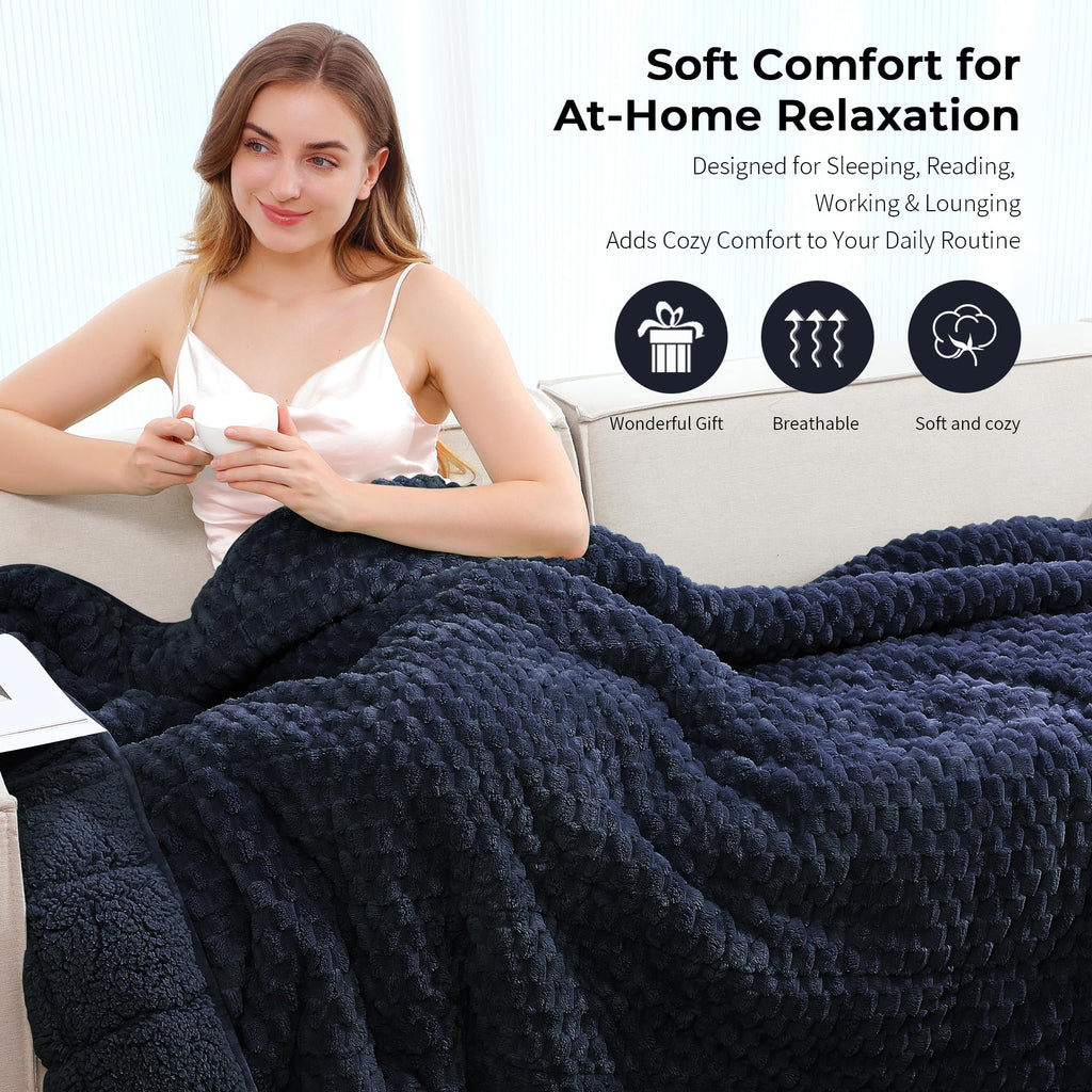 Fleece Weighted Blanket for Adults 15Lbs, 60"x 80", Blue Double Sided Sherpa & Flannel, Fluffy Warm All Season Heavy