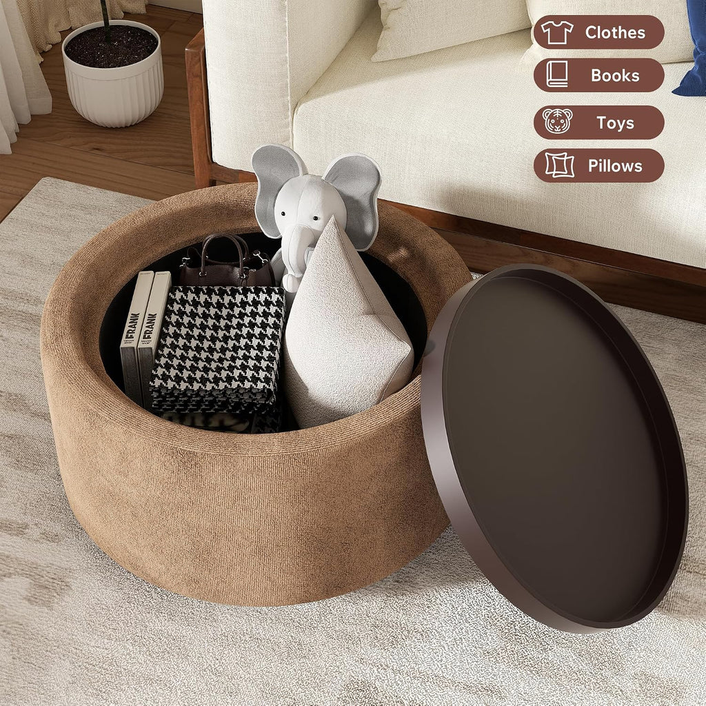 30" Round Ottoman with Storage Circular Coffee Table with Removable Wood Top and Solid Wood Legs Modern Upholstered