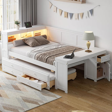 Full Size Daybed with Storage Shelves,Drawers,Trundle,Charging Station,LED Light,Desk and Cabinet, White