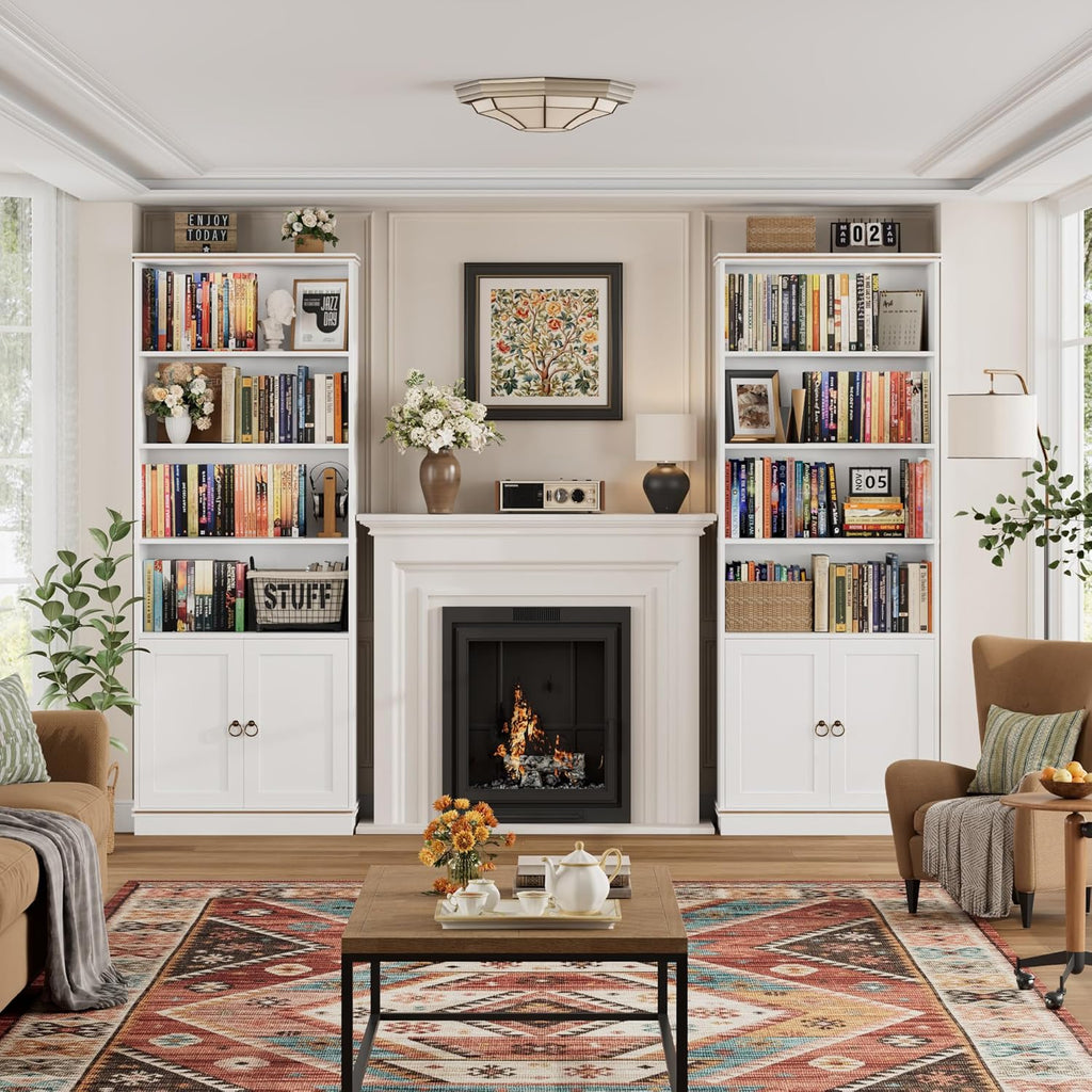 71" Tall Book Shelf and Bookcase with Doors, 6 Tier Wooden Bookshelf with Storage Cabinet