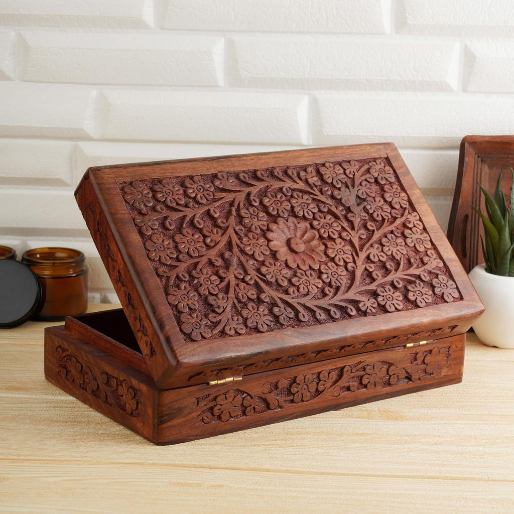 Wooden Jewelry Box Hand Carved Flower Keepsake Chest - 8x5 Inch