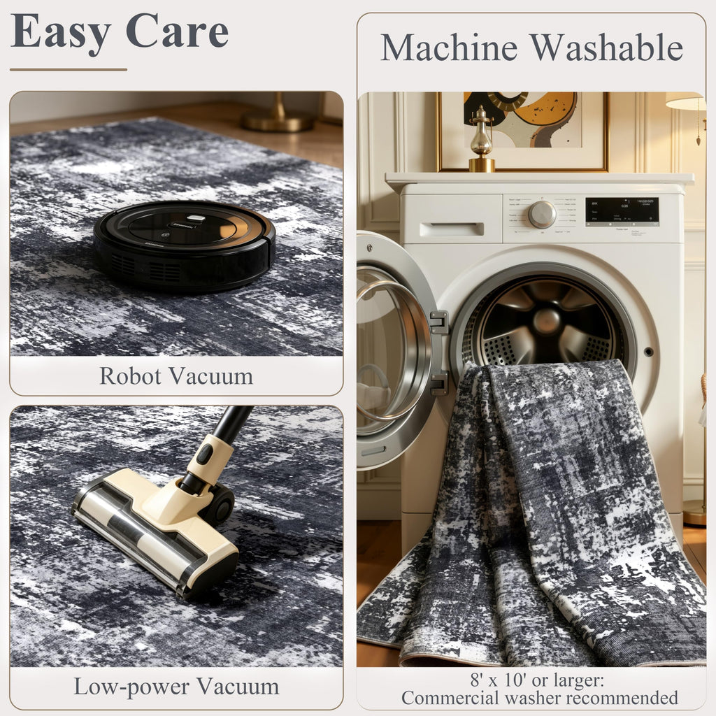 Washable Area Rug, Modern Abstract Large Carpet, Black & White