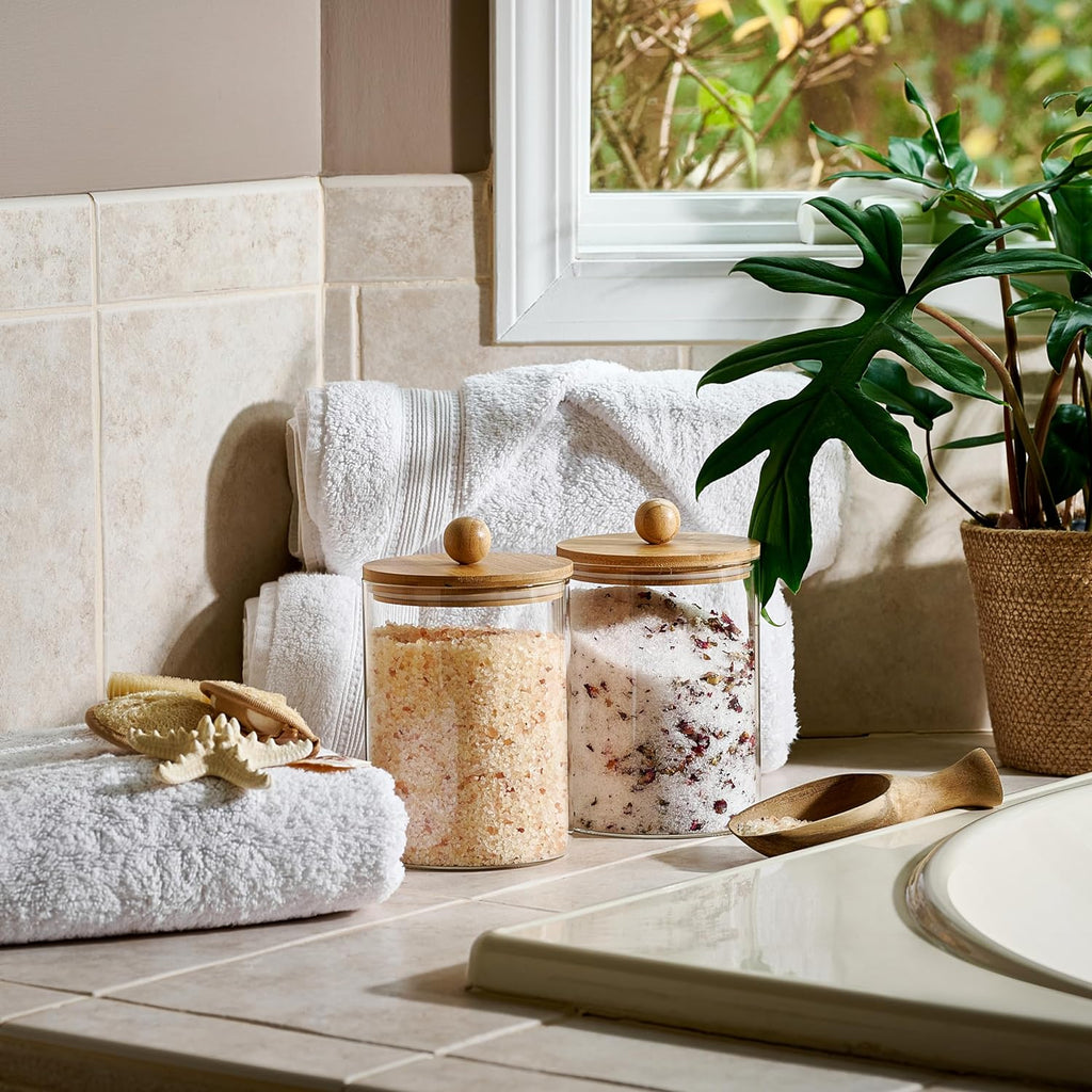 Glass Canisters Counter with Airtight Bamboo Lids + Marker & Labels - 68oz. Large Cookie Jars Wooden Lid - Set of 2