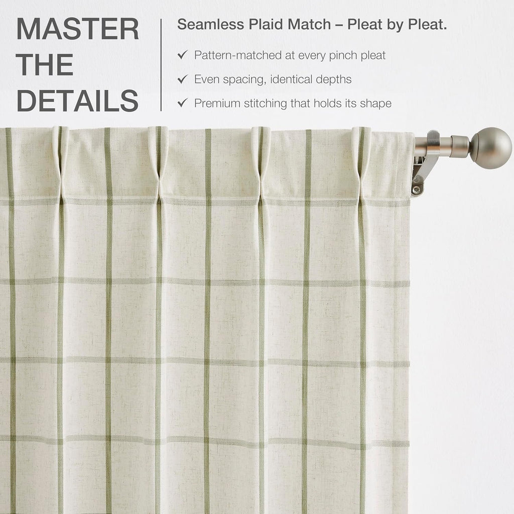 Sage Green Plaid Linen Pinch Pleated Semi Sheer Curtains Checkered Light Filtering Window Panels 84 inches Long for