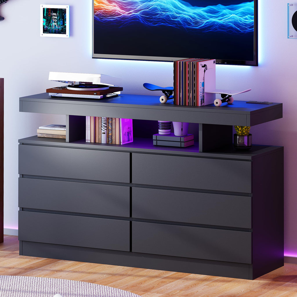 Black Dresser with Charging Station and LED Lights